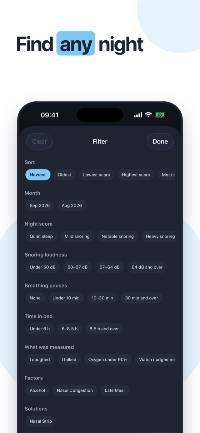 Find any night — filter by month, loudness, pauses, factors and what was measured