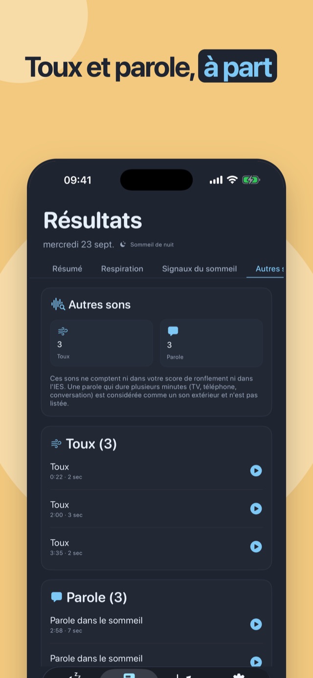 Toux et paroles, tenues à part — détectées séparément, jamais dans la note de ronflement