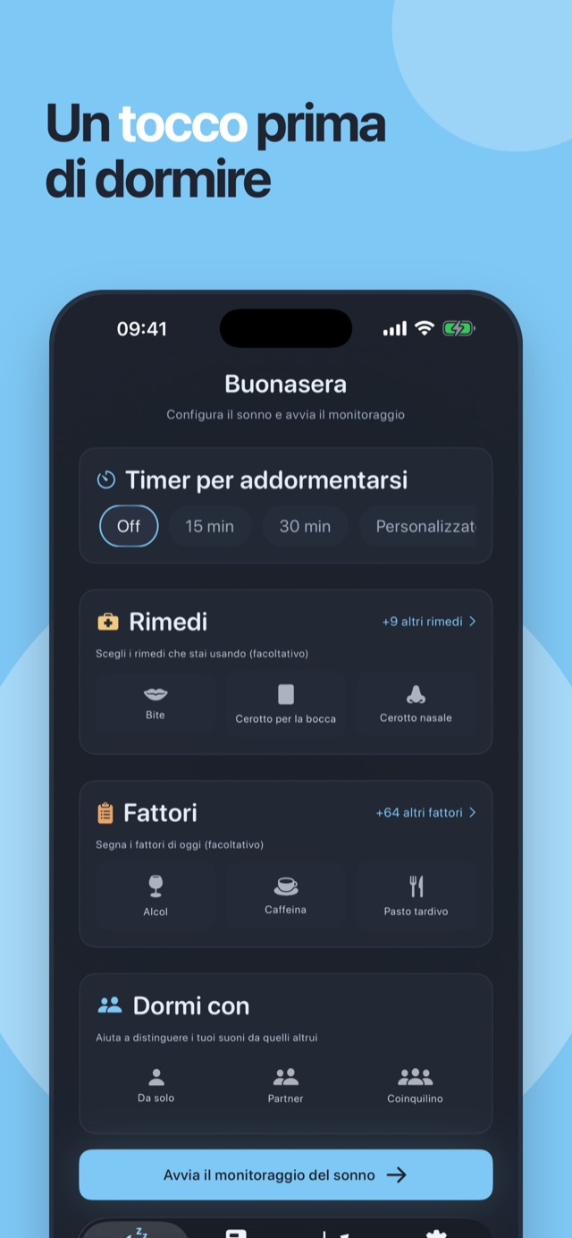Un tocco prima di dormire — la schermata iniziale di Loir con timer del sonno, soluzioni e fattori
