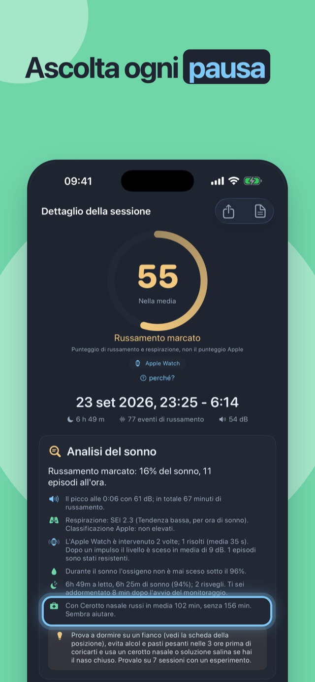 Ascolta ogni pausa — dettaglio della notte con l'analisi del sonno e le clip riproducibili