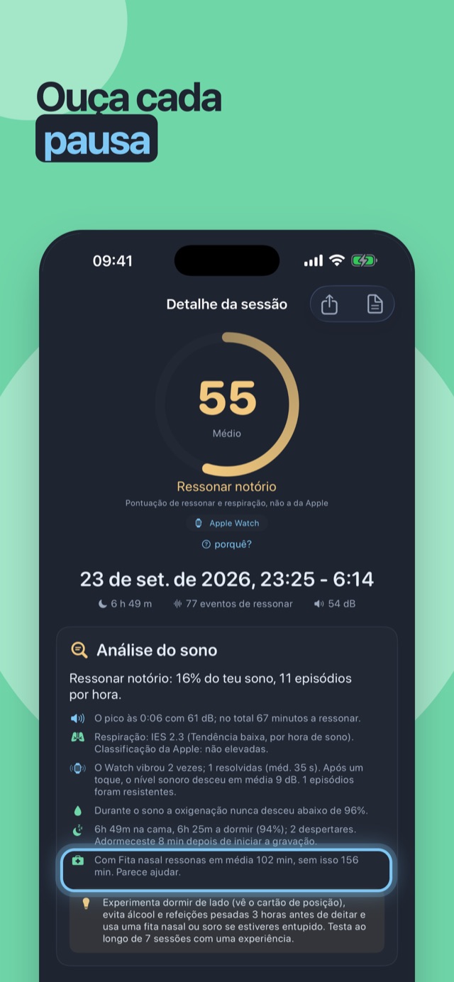 Ouça cada pausa — detalhe da noite com a análise do sono e excertos reproduzíveis